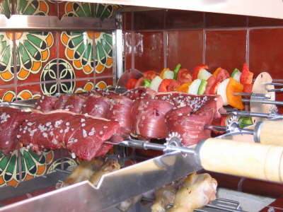 Skirt steak, sirloin cap (picanha) and veggie kabobs