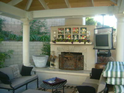 Outdoor living room and fireplace
